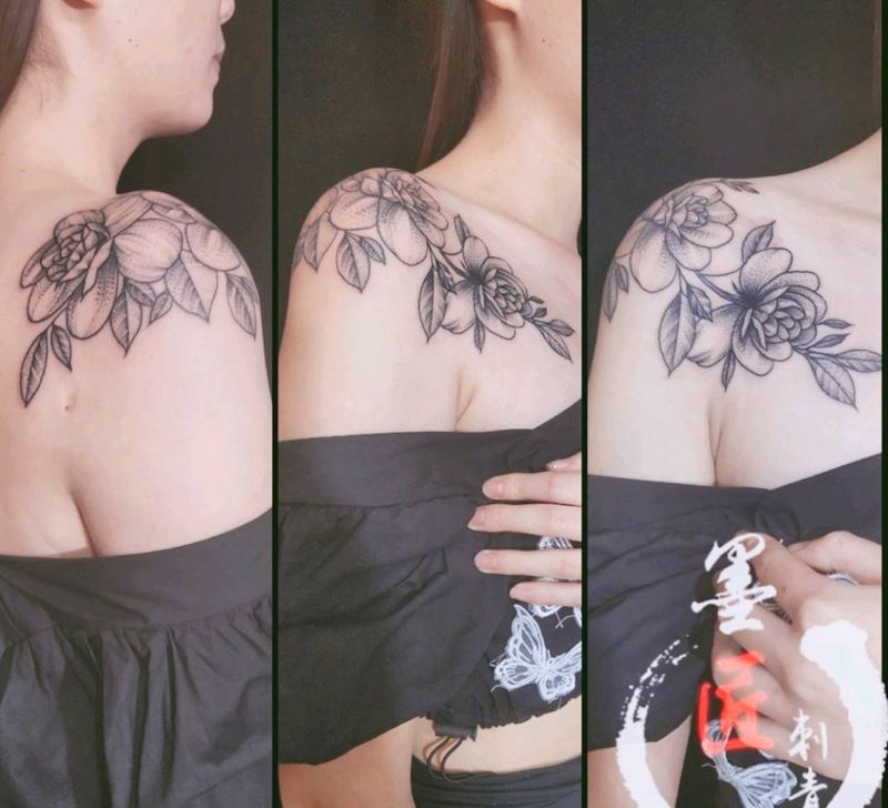 素花纹身图片_肩部手臂点刺纹身图案