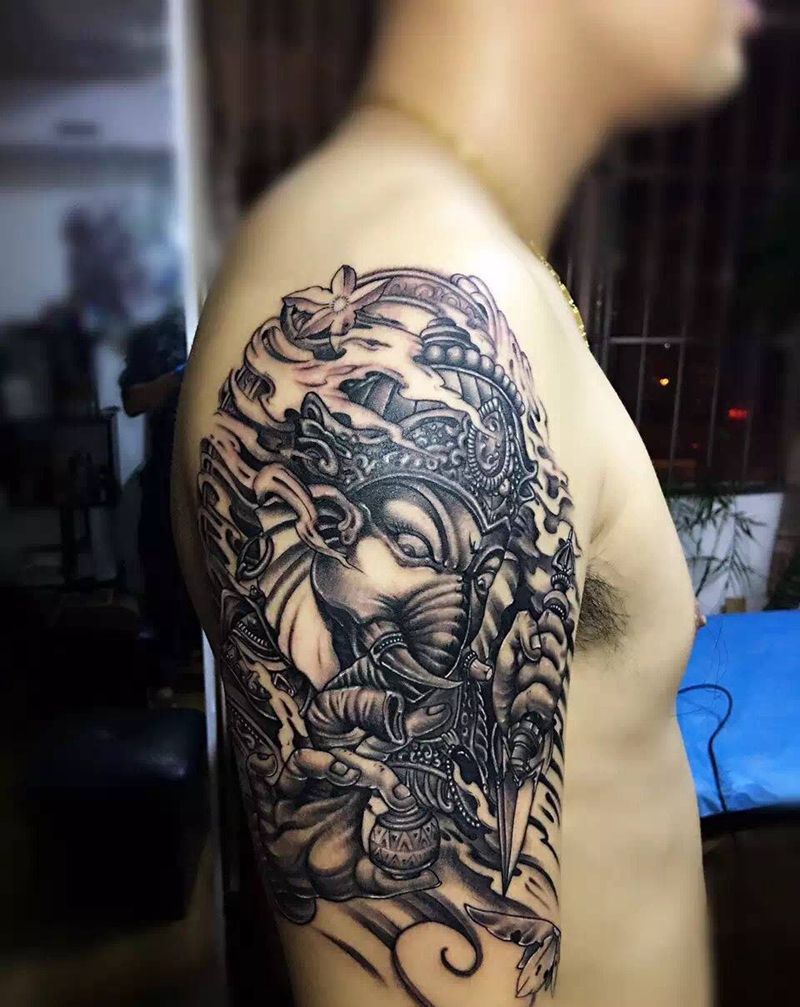 象神纹身图片_手臂传统成品宗教纹身图案