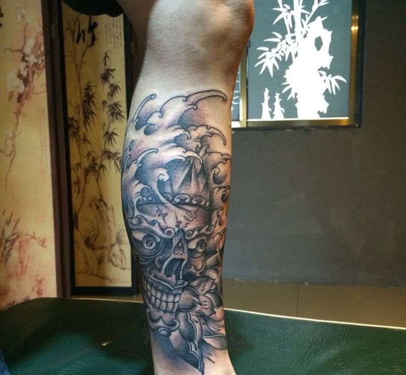 嘎巴拉纹身图片_成品腿部传统原创鬼神人物动物纹身图案