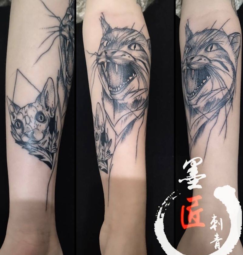 猫纹身图片_手臂点刺纹身图案
