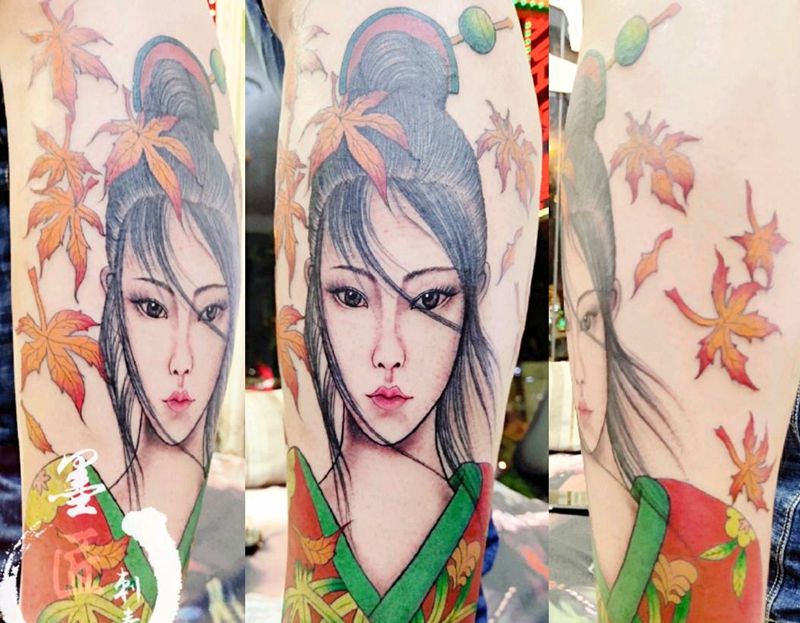 艺伎纹身图片_腿部新传统纹身图案