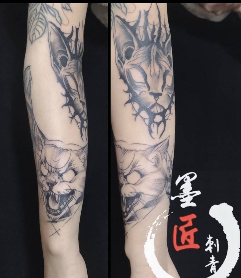 猫纹身图片_手臂点刺纹身图案