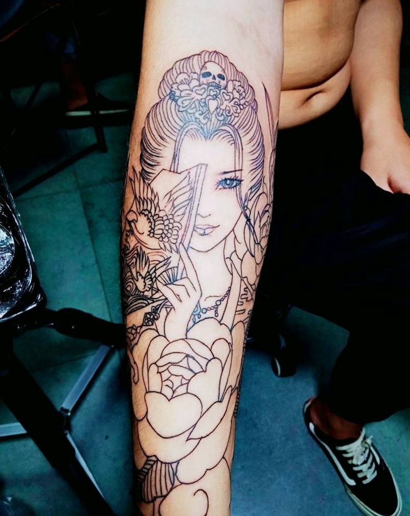 艺伎纹身图片_手臂腿部老传统新传统艺伎花蛇纹身图案