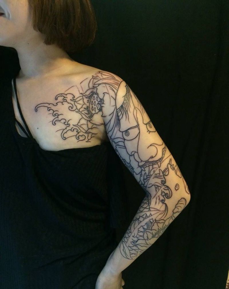 传统般若、鱼 、荷花2纹身图片_成品手臂胸部传统原创鬼神植物动物纹身图案