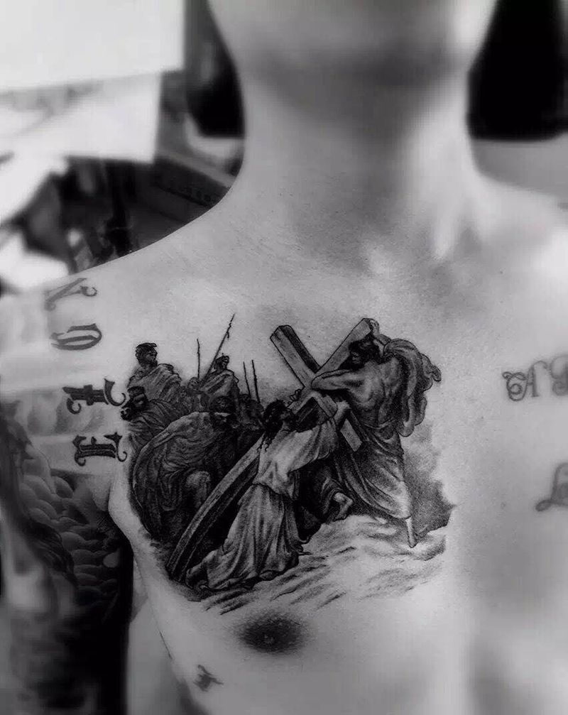 信仰纹身图片_成品胸部欧美宗教人物纹身图案