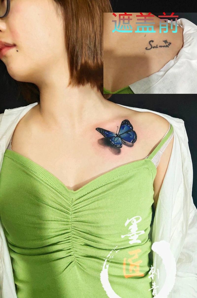 蝴蝶纹身图片_胸部欧美写实纹身图案