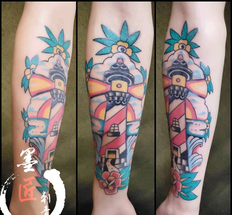 灯塔纹身图片_手臂Old School纹身图案