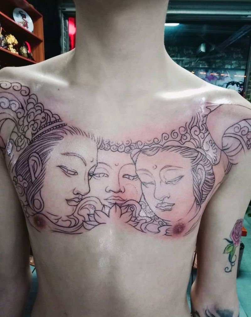 三面佛纹身图片_胸部新传统老传统三面佛纹身图案