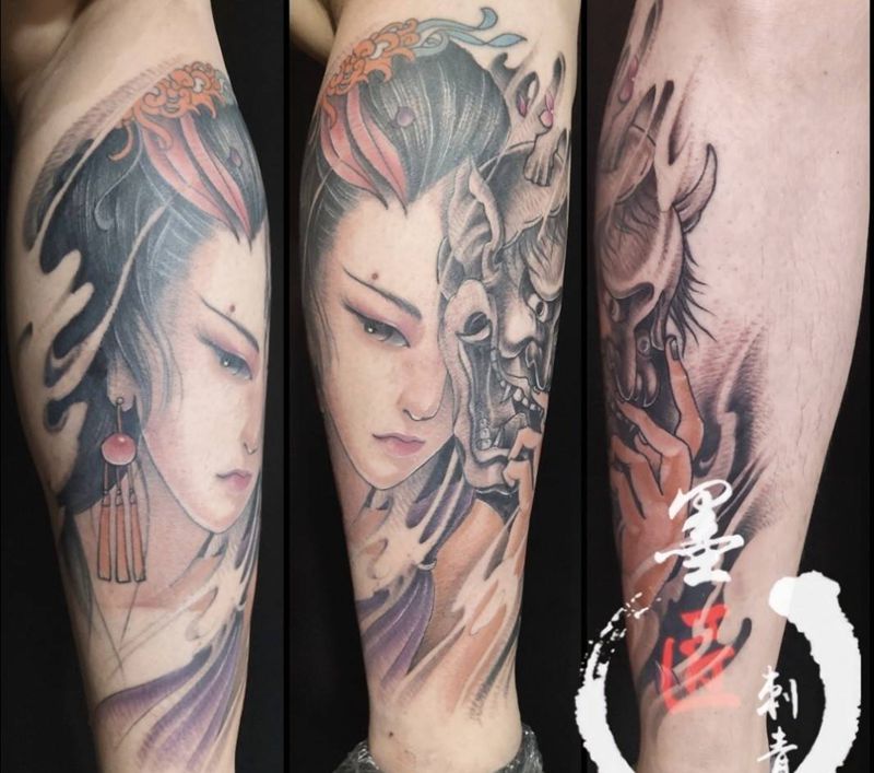 艺伎纹身图片_腿部新传统纹身图案