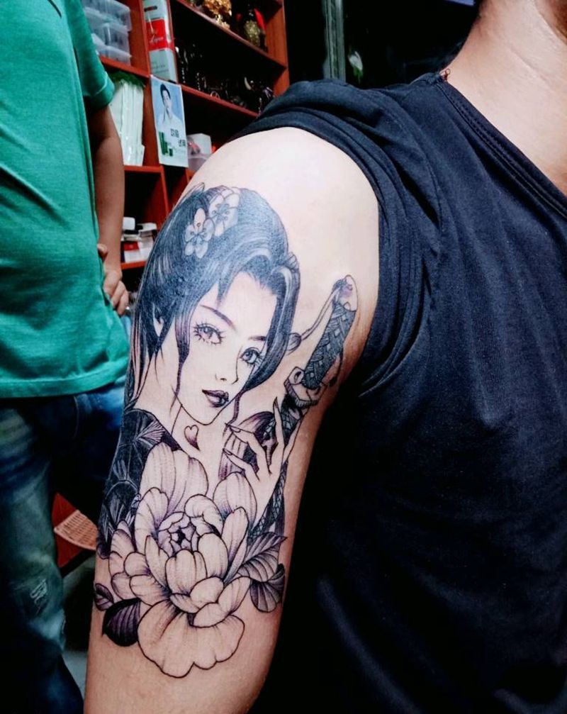 遮盖艺伎纹身图片_腿部手臂老传统欧美写实艺伎遮盖纹身图案