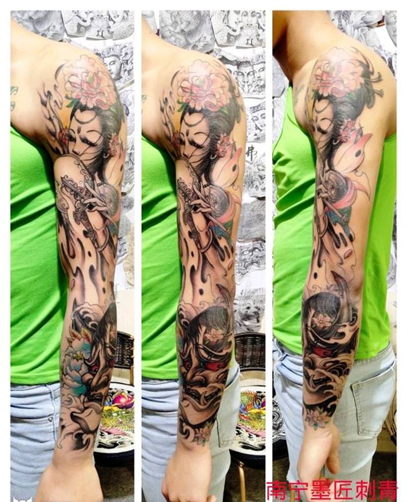 花臂完成纹身图片_手臂新传统纹身图案
