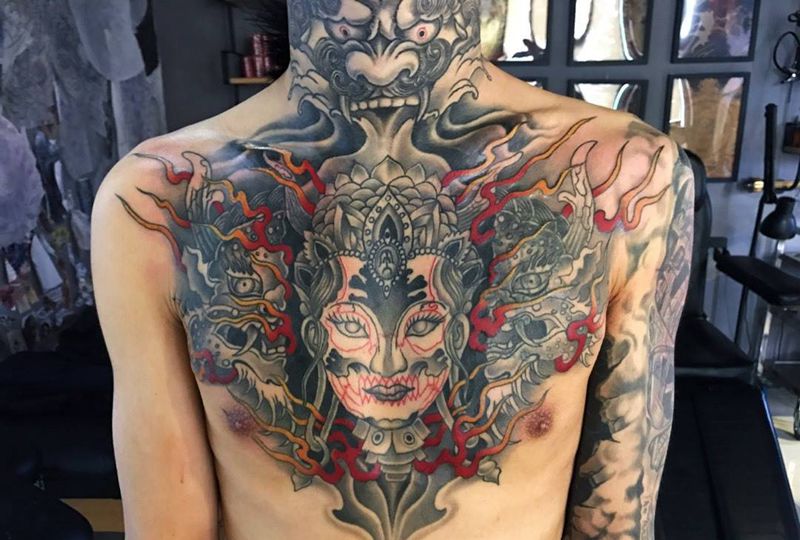 修改纹身图片_成品胸部颈部传统人物鬼神宗教纹身图案