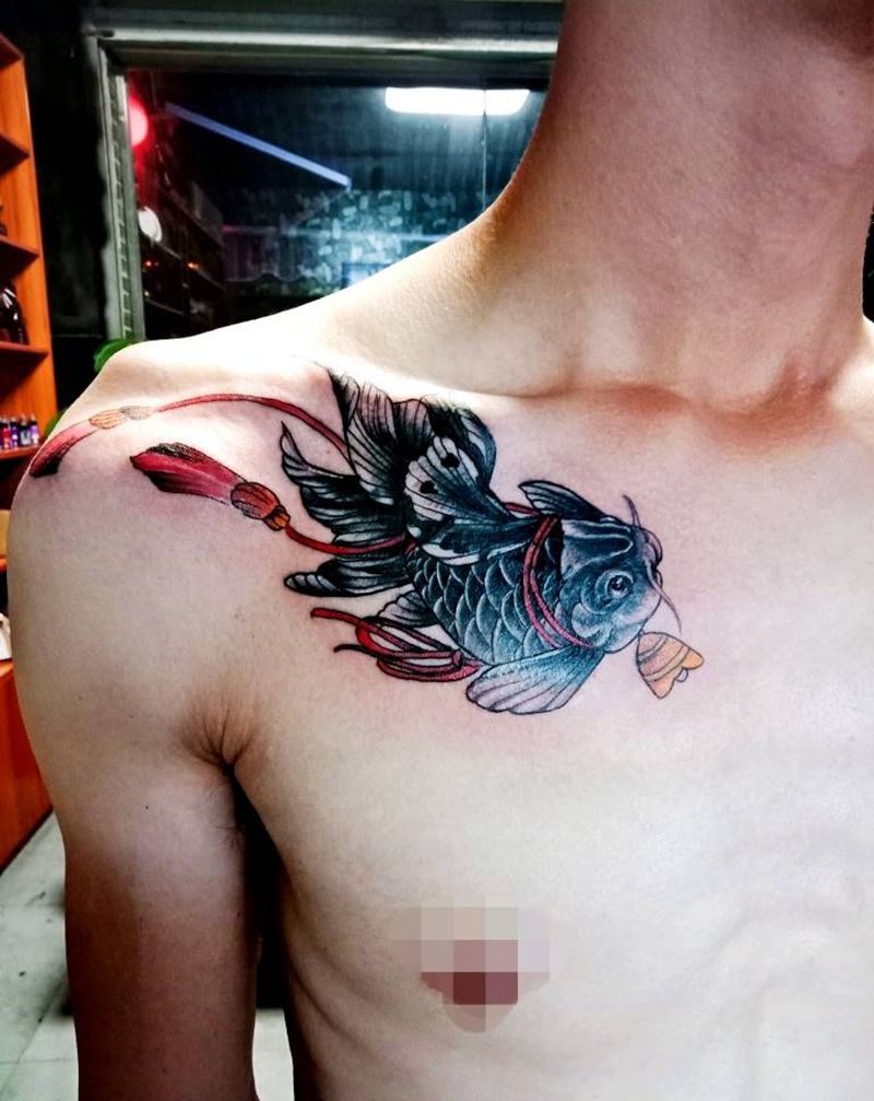 金鱼纹身图片_手臂腿部水彩新传统金鱼纹身图案