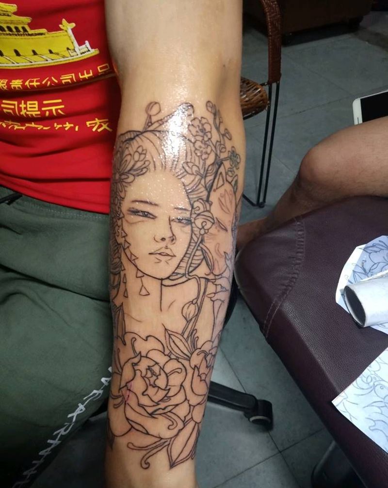 艺伎纹身图片_手部腿部老传统新传统艺伎纹身图案