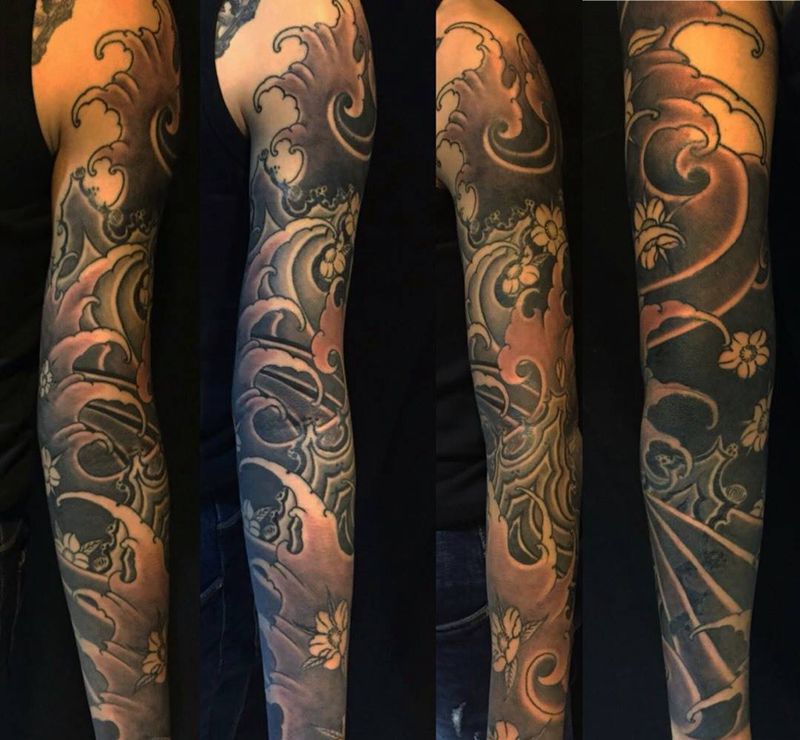 浪纹身图片_成品手稿传统手臂静物动物原创植物纹身图案