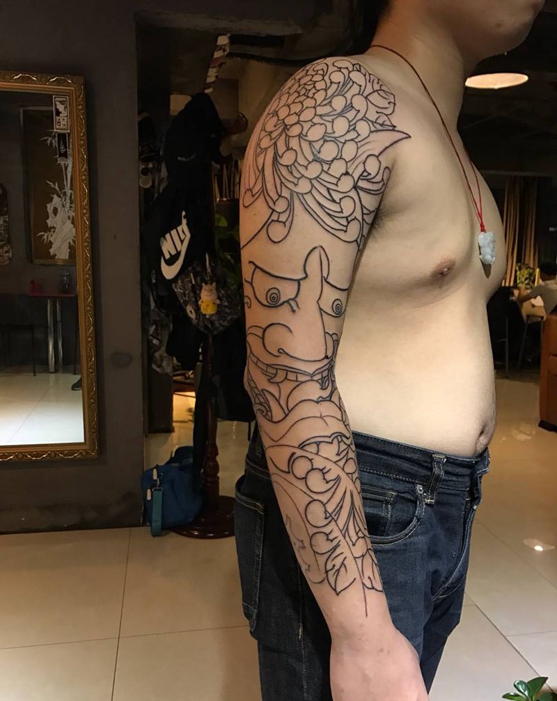 传统般若、菊花臂纹身图片_手臂手部传统动物鬼神植物原创纹身图案