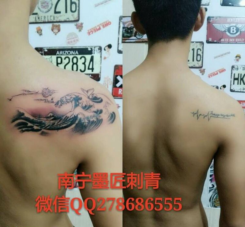海浪遮盖心电图纹身图片