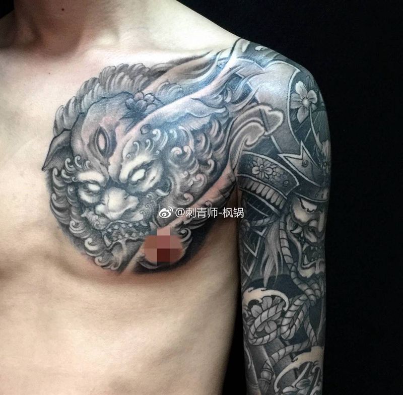 武士唐狮子纹身图片