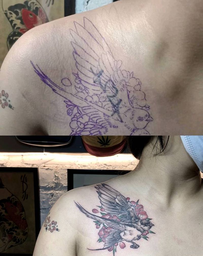 燕子遮盖纹身图片_肩部点刺几何遮盖纹身图案