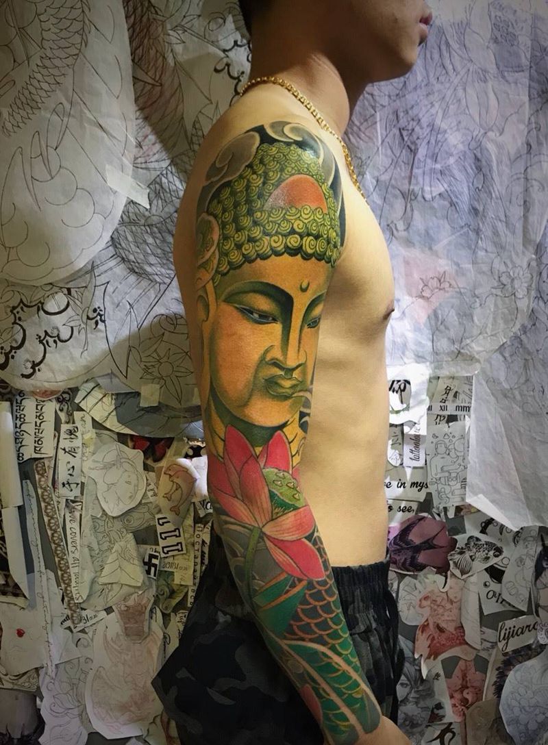 佛首纹身图片_手臂老传统新传统纹身图案