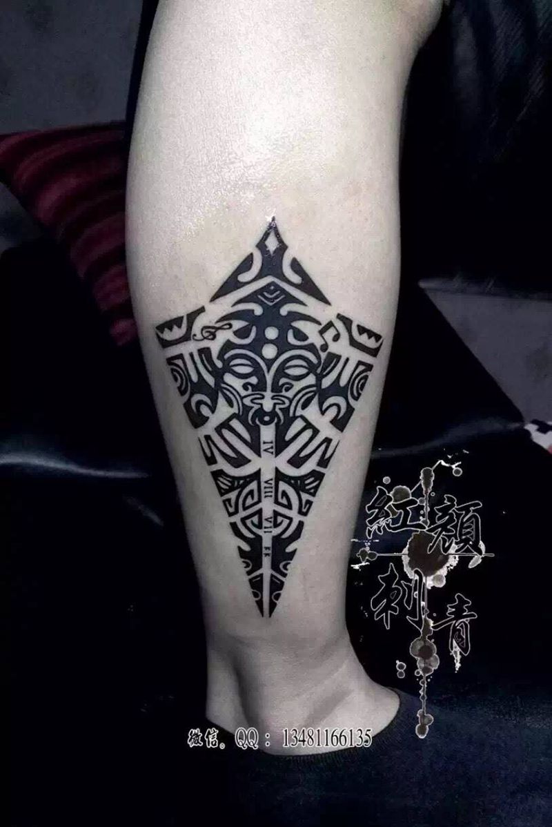 玛雅图腾纹身图片_成品腿部欧美图腾红颜TATTOO纹身图案
