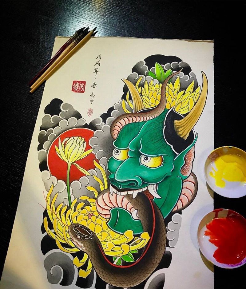 日式传统纹身图片_手稿手臂传统鬼神静物植物原创纹身图案