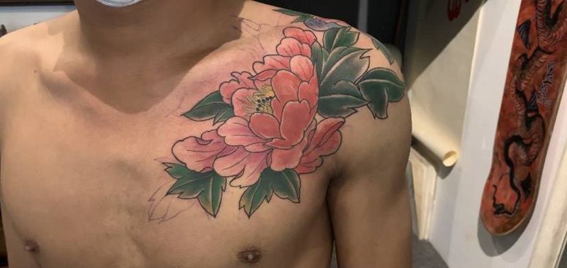 牡丹花纹身图片_新传统牡丹花纹身图案