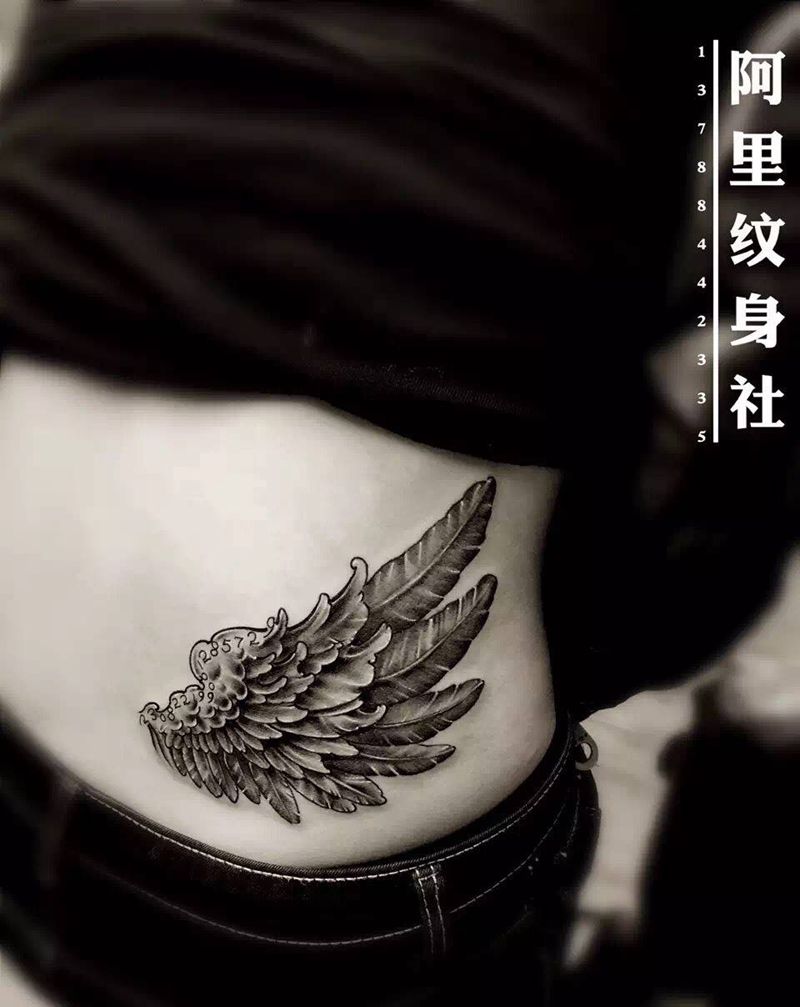 翅膀纹身图片_阿里原创欧美腰部成品纹身图案