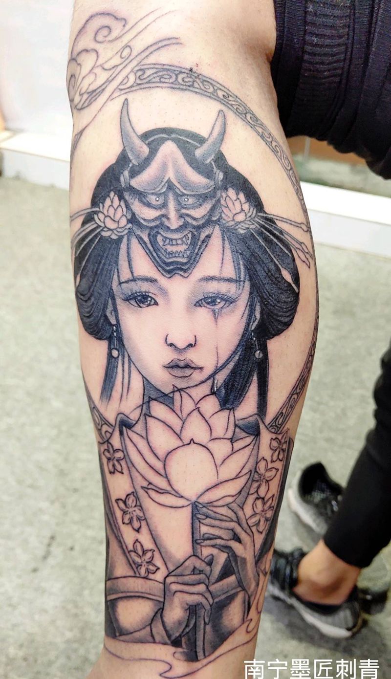 艺伎未完待续纹身图片_腿部新传统纹身图案