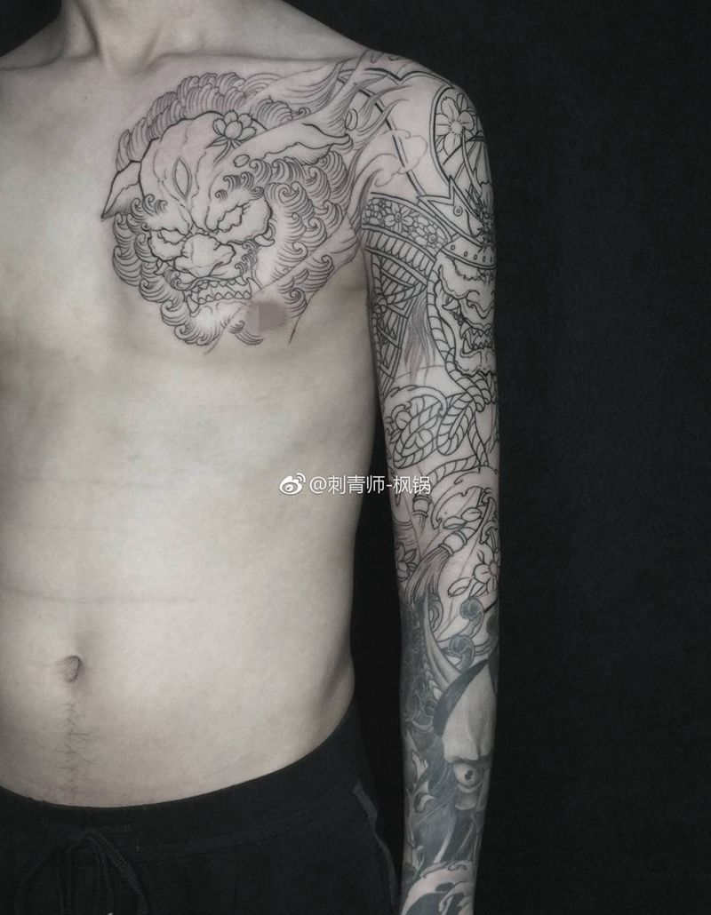 武士唐狮 添加花臂纹身图片_胸部手臂新传统纹身图案