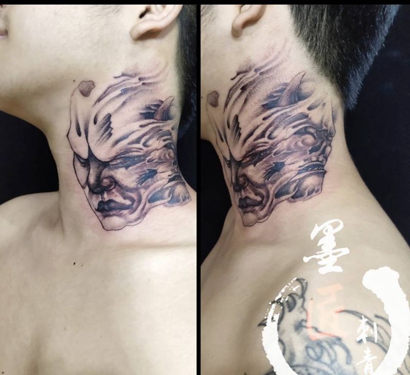 恶魔-挣脱纹身图片_颈部新传统纹身图案