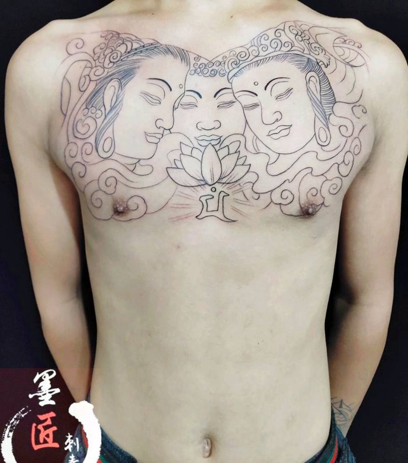 三面佛未完纹身图片_胸部新传统纹身图案