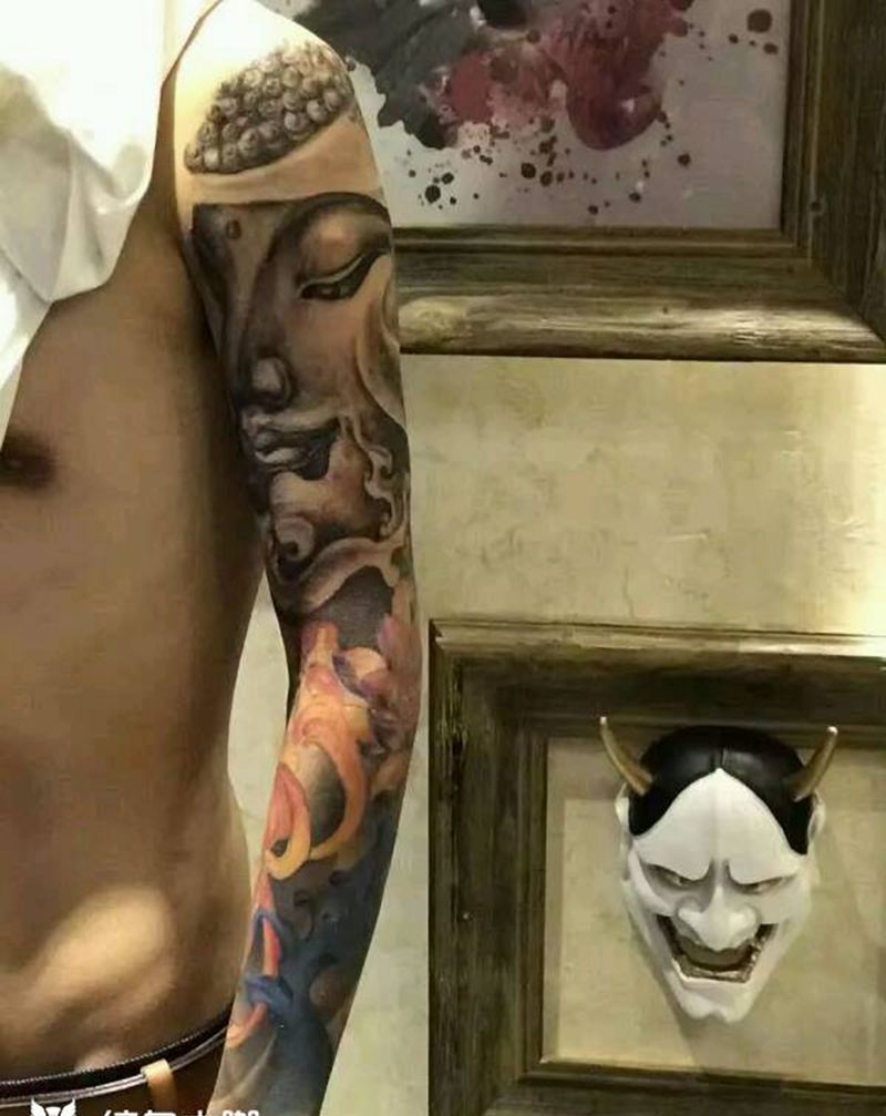 佛花臂纹身图片