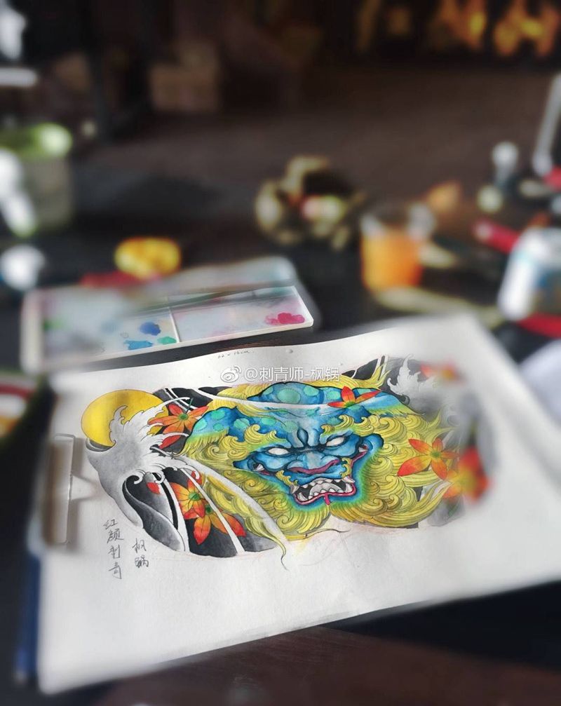 原创唐狮子纹身图片_手稿胸部背部颈部传统动物鬼神原创纹身图案