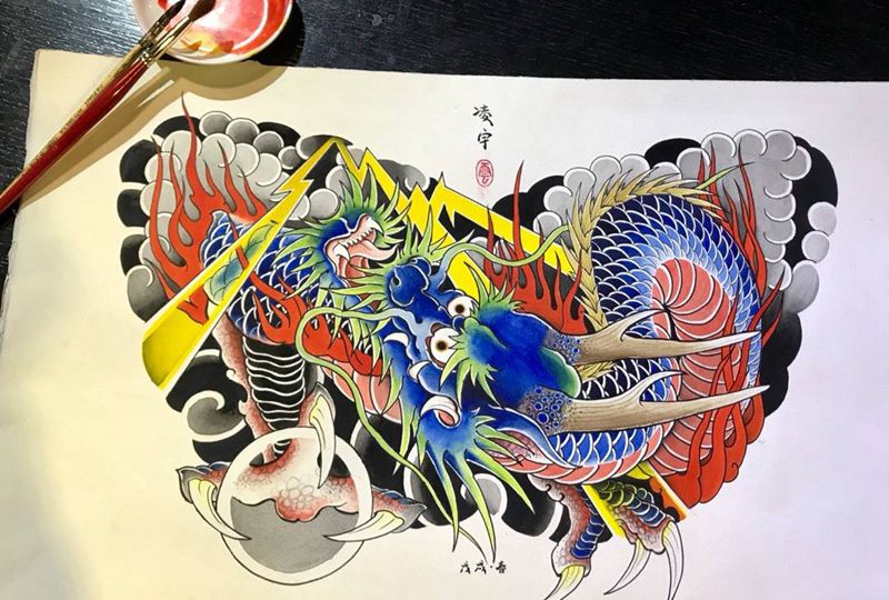 游龙纹身图片_成品手稿胸部传统动物原创纹身图案