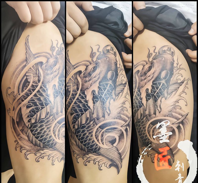 锦鲤纹身图片_腿部新传统纹身图案