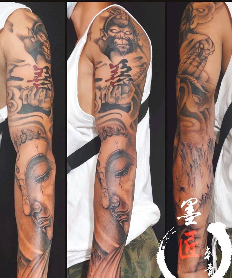 花臂悟空佛纹身图片_手臂新传统纹身图案