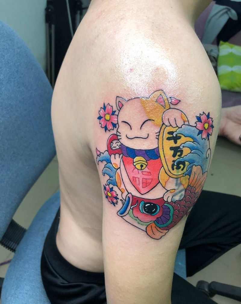 半遮盖招财猫纹身图片