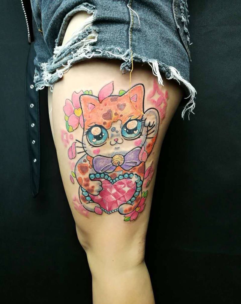 粉系 招财猫纹身图片