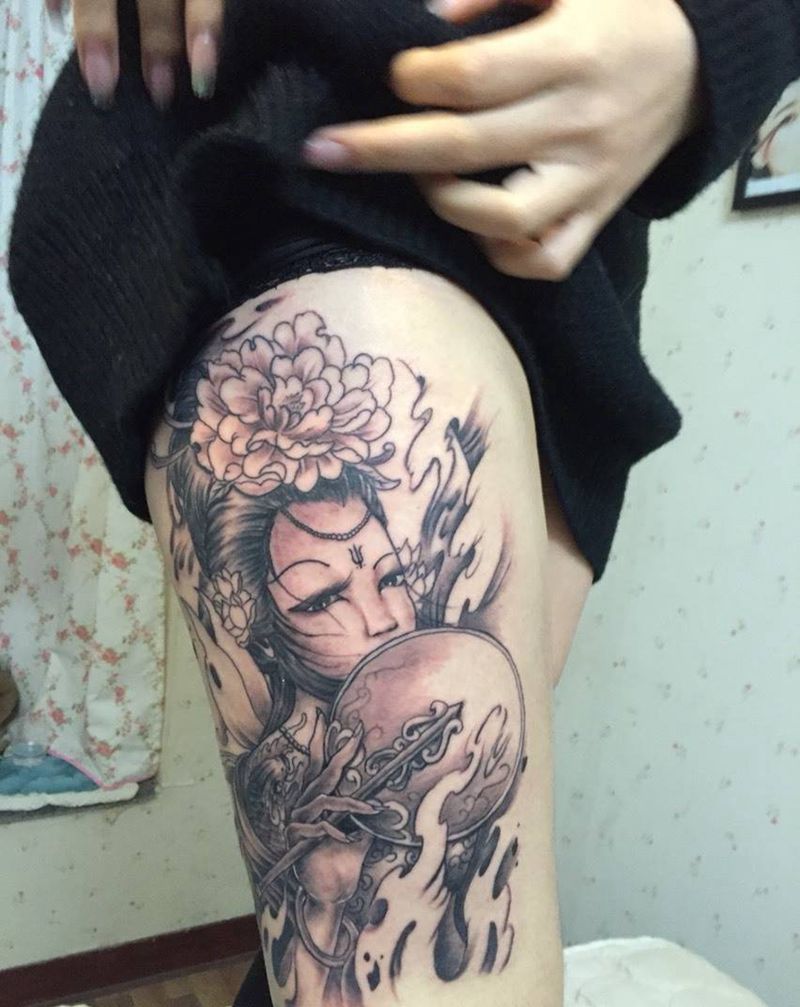 今日作品，恢复后上彩纹身图片_传统腿部人物纹身图案