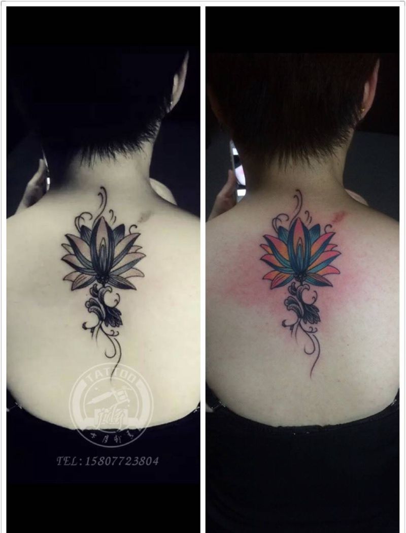莲花纹身图片_背部颈部习俗传统植物纹身图案