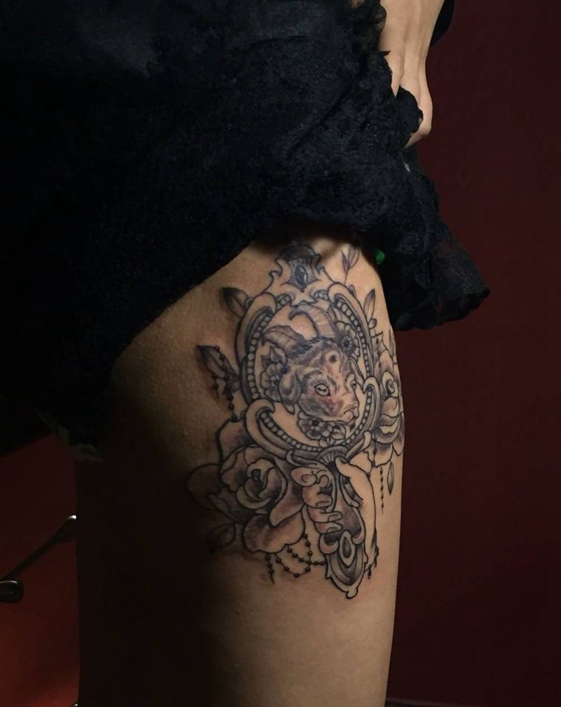 黑灰 斯骨纹身图片_腿部成品欧美动物纹身图案