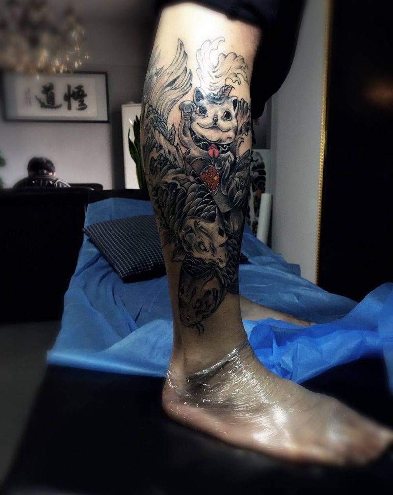 鱼|招财猫纹身图片