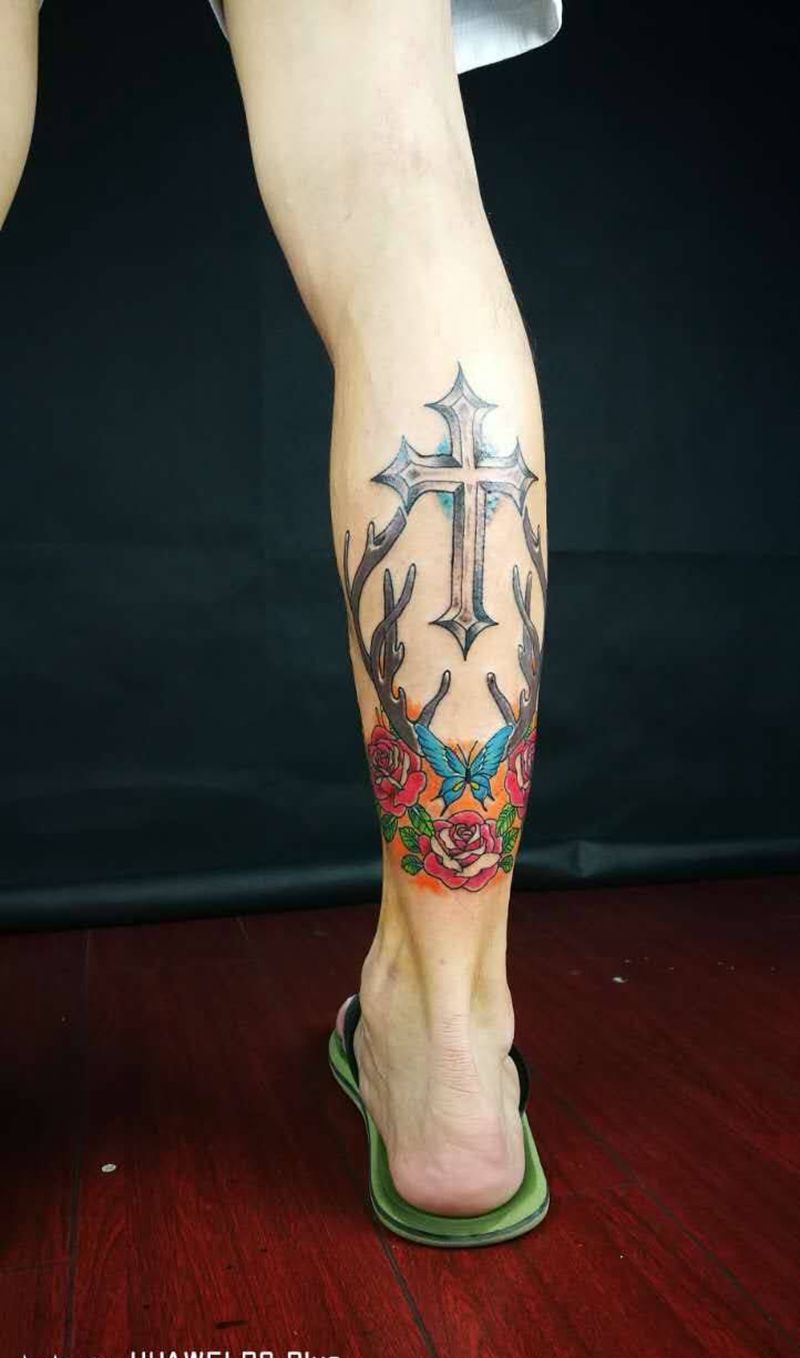 欧美拼接小腿纹身图片