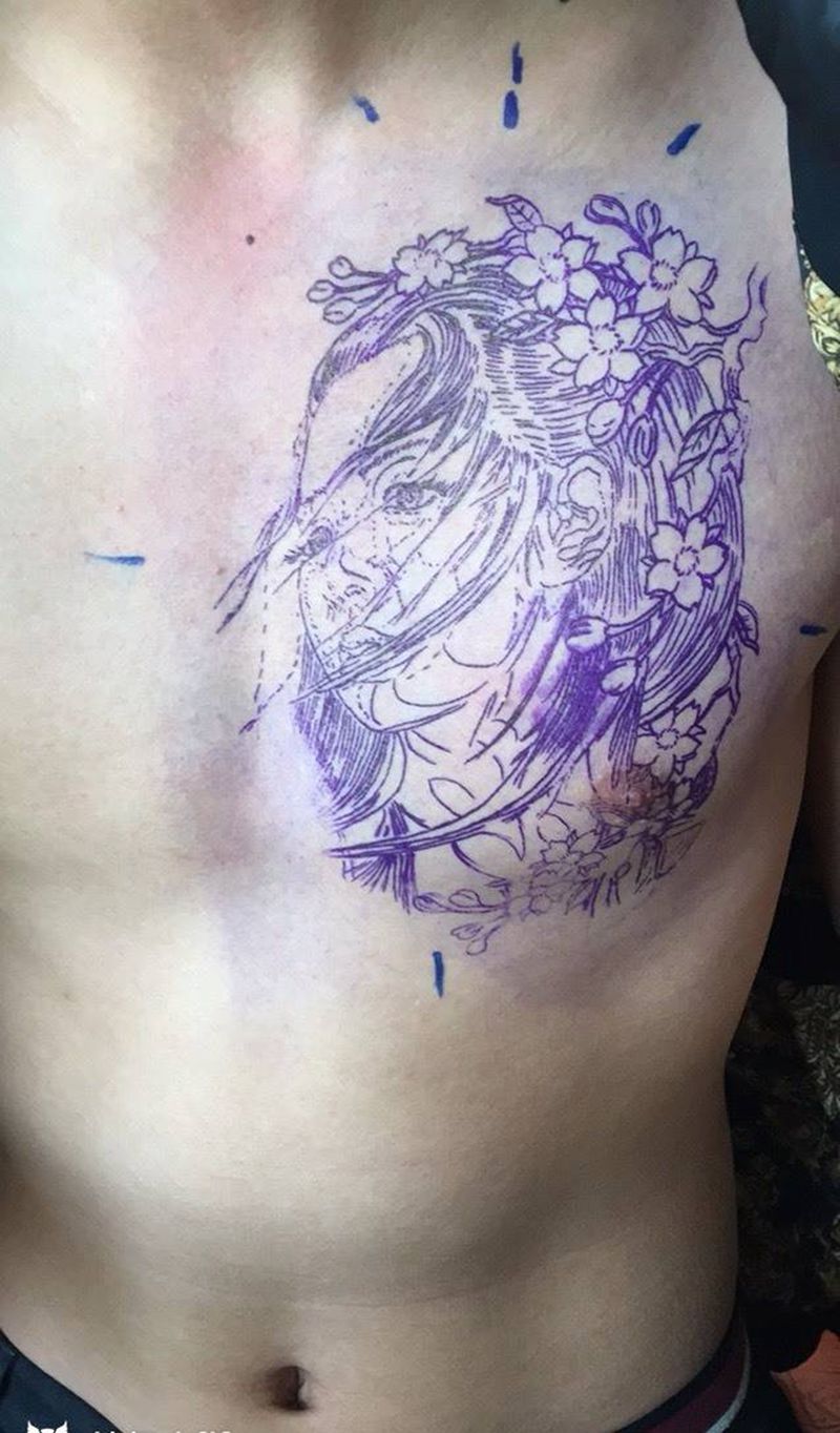 胸口艺妓纹身图片_成品胸部肖像人物纹身图案