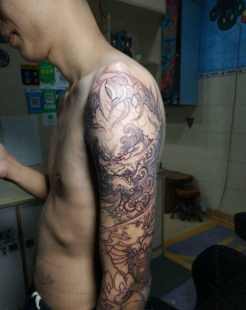 七分花臂  唐狮纹身图片_手臂纹身图案