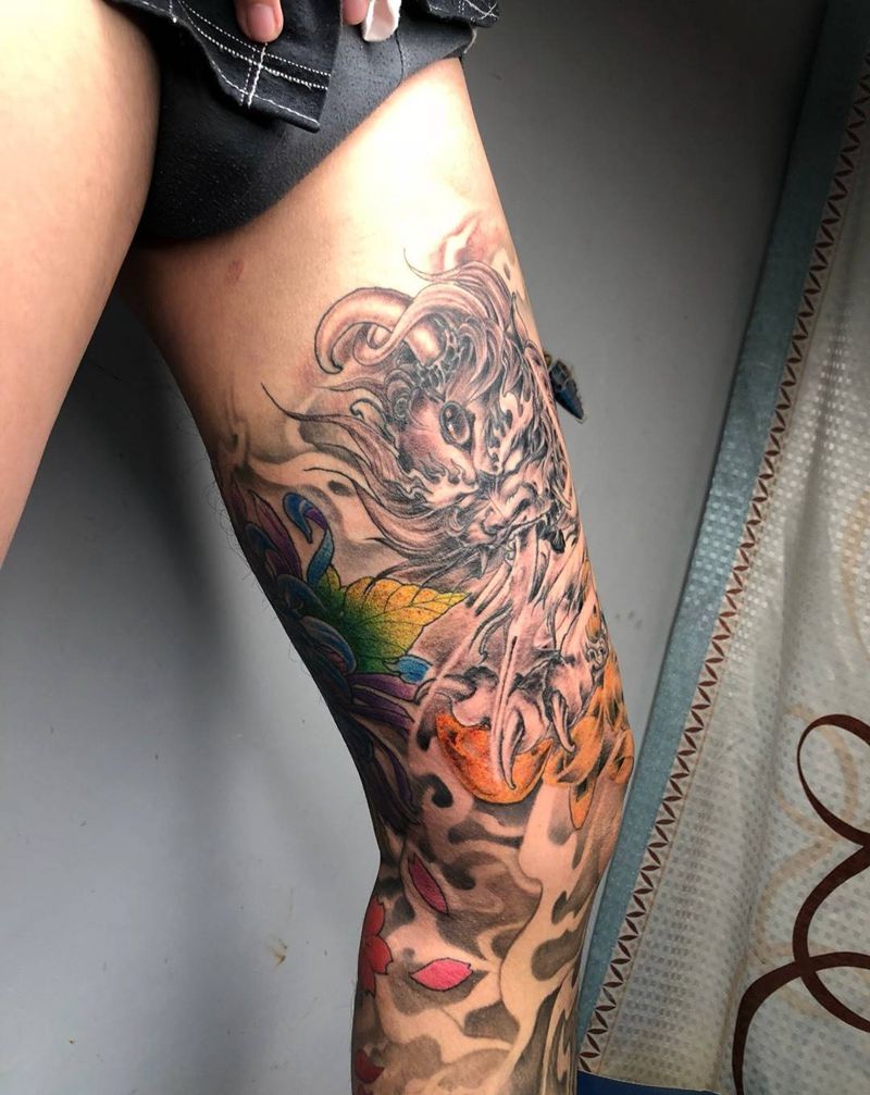 大腿完工纹身图片