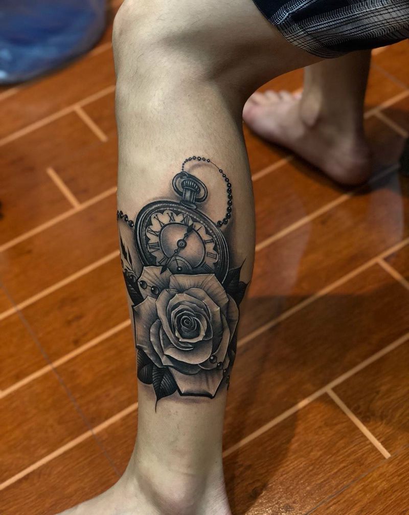 时钟玫瑰情侣纹身纹身图片
