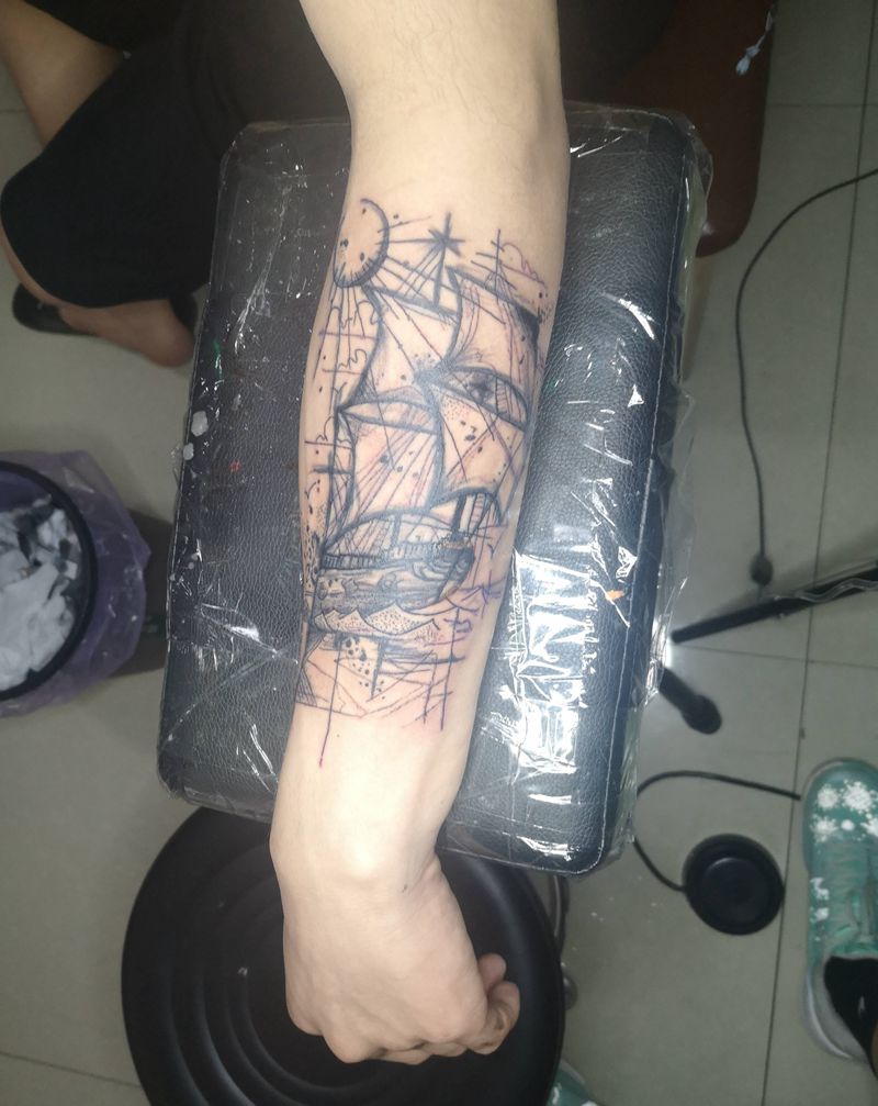 帆船纹身图片_手部纹身图案