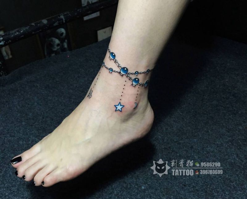 脚链纹身图片_成品腿部脚部欧美清新静物脚链项链纹身图案